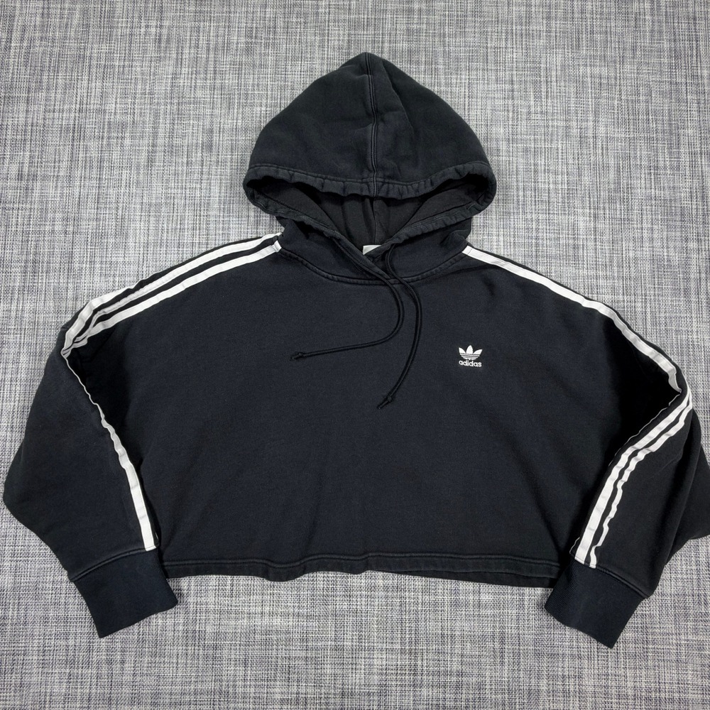 Adidas Women Black 100% Cotton Cropped Hoodie ED7554 Size M 3-Stripe Pullover